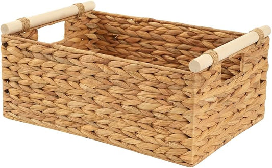 Wicker Storage Basket, Woven Shelf Organizer, 15.5x10.8x6.2 | 15.5x10.8x6.2" natural wicker basket with handles; rectangular shelf organizer for kitchen, bathroom and living spaces. by Unknown