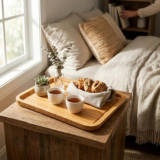 Bamber Large Size Bamboo Serving Tray, Rectangular, 15.5 x 11.8 x 0.8 Inches - Image 6