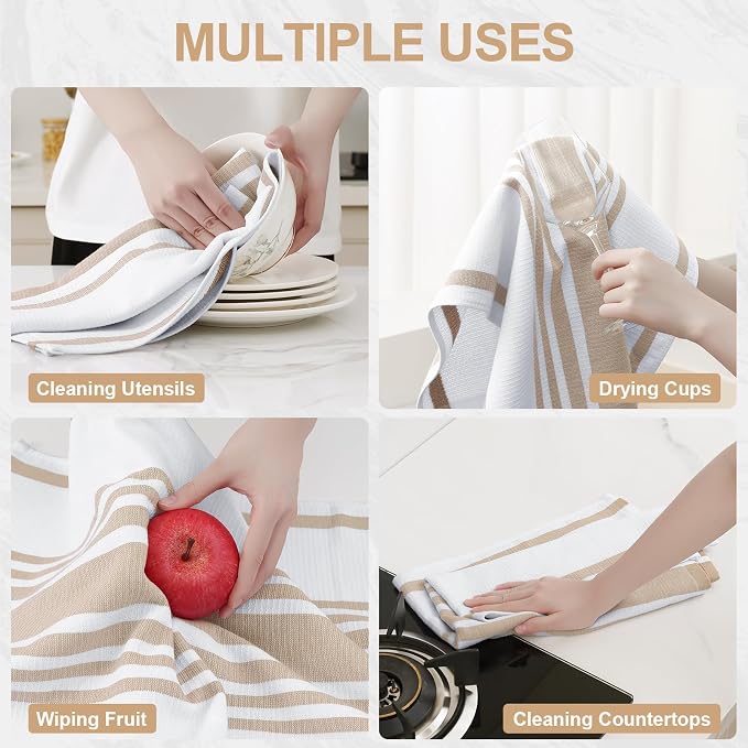Homaxy Premium Cotton Stripe Kitchen Towels 6 Pack, 18"x 28", Khaki | Large 380 GSM Kitchen Hand Towels, Soft Terry Dish Towels, Highly Absorbent Tea Towel Set with Hanging Loop - Image 4