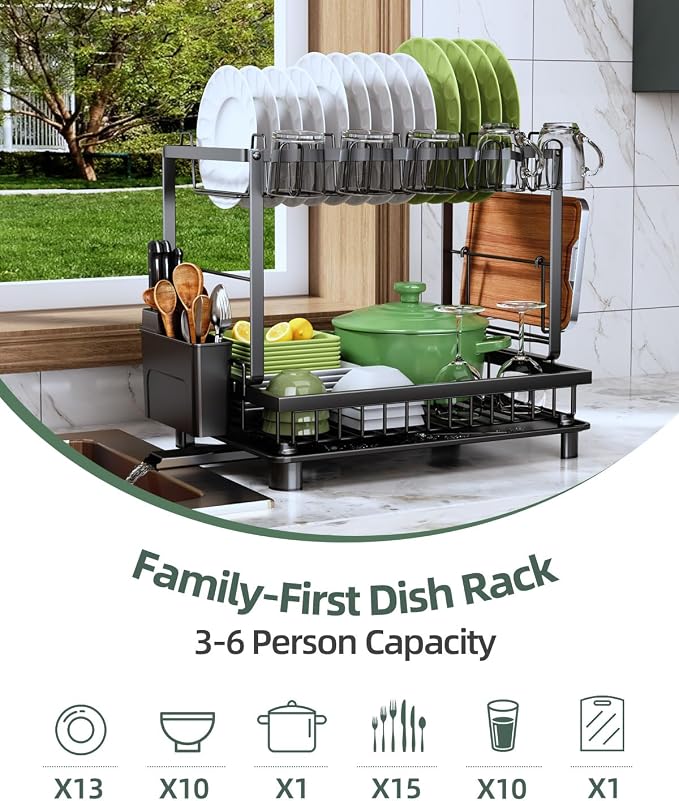 Dish Drying Rack, 2 Tier Space-Saving Dish Rack, Multifunctional Dish Drainer for Kitchen Counter with Drainboard/Utensil/Cup Holder Rustproof Carbon Steel, Black - Image 8