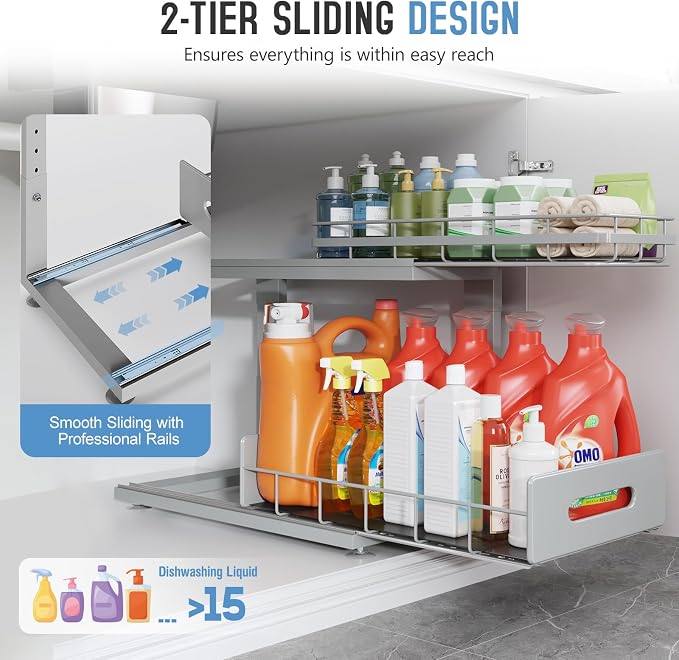 Under Sink Organizer Upgrade To Professional Rails,2-Tier Dual Pull Out Cabinet Storage,Height Adjustable Slide Out Drawers For Bathroom Kitchen,2 Pack-18.5"Dx12.8"-16.9"H,Gun Gray - Image 5