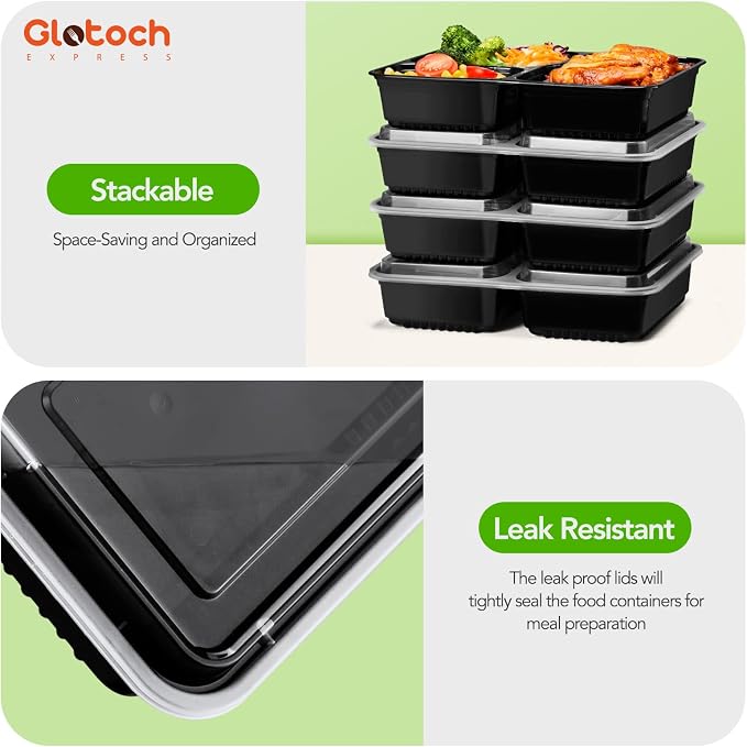 Glotoch 3-Compartment Meal Prep Containers with Lids, 34 oz, 50 Pack | Reusable BPA-Free To Go Food Containers, Leakproof and Durable, Microwave, Freezer and Dishwasher Safe, for Entrees, Sides - Image 6