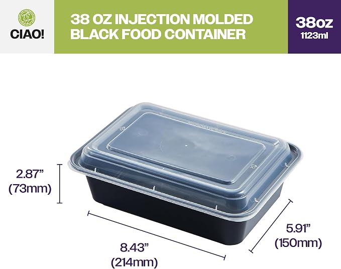 CIAO! Heavy Weight 38oz Injection Molded Microwavable Black Rectangular Food Container with Lid (150/case) - Image 4