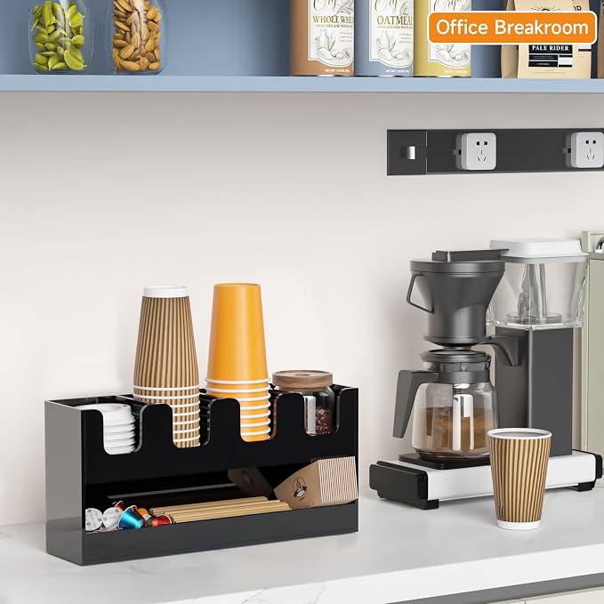 Beego 5-Compartment Cup Holder for Countertop - 2-Tier Black Acrylic Cup Dispenser Coffee Station Paper Cup and Lid Organizer Condiment Storage for Restaurant Breakroom Kitchen Bar Accessories - Image 3