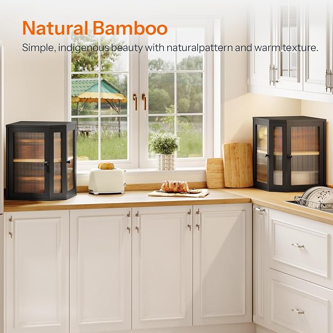 HOOBRO Bread Box, Bamboo Bread Box for Kitchen Countertop, 2-Tier Corner Bread Box, Large Capacity Bread Bin, Food Storage Box, Bread Storage Container for Kitchen, Dining Room, Black BK12MB01 - Image 4