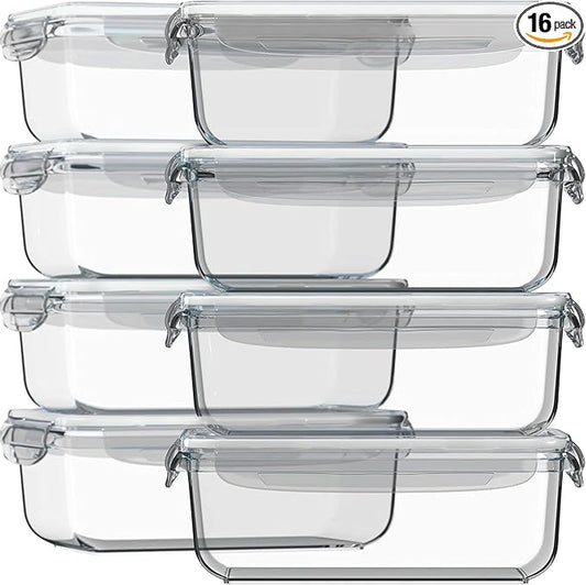 Razab 16 Pc (Set of 8) 30 Oz Glass Meal Prep Containers with Lids, Airtight Large Glass Food Storage Containers, Reusable Leak Proof BPA Free, Freezer to Oven and Dishwasher Safe by RazabHomeGoods