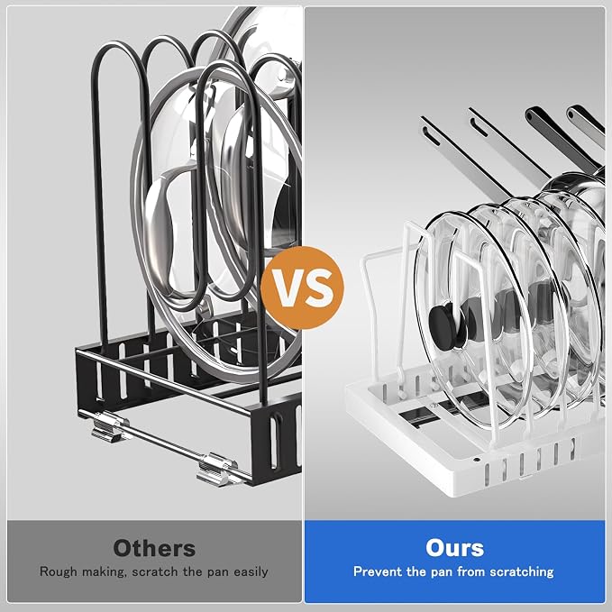 Mustorn Pots and Pans Organizer Under Cabinet, 21.6" Deep Pull Out Pot Lid Organizer Holder with Guardrail Adhesive Pot and Pan Holder Rack with 10 Adjustable Dividers-1 Pack(White) - Image 7