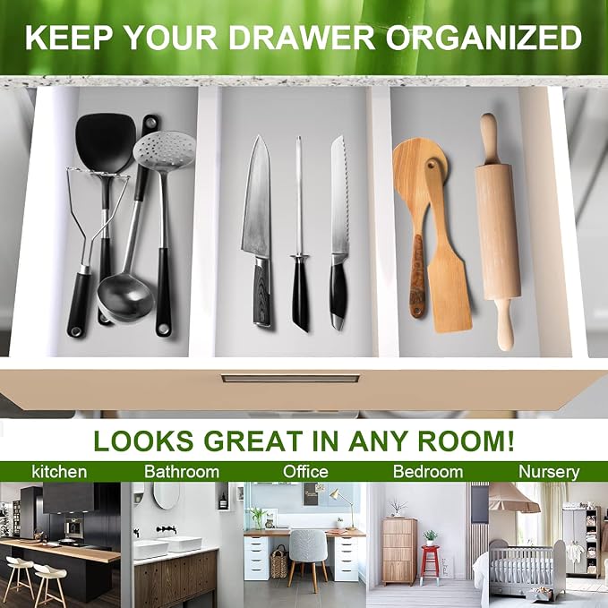 Expandable Bamboo Drawer Dividers, Drawer Separators,17-22 inches Adjustable Spring-loaded Organizer for Large Utensil, Clothes, Tools Drawers, 6Pack (White) - Image 5