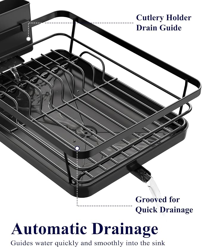 Kitsure Dish Drying Rack for Kitchen Counter, 12''W x 15.5''L, Black | Stainless Steel Sink Organization, Cutlery Holder, Home and Appartment Decor - Image 3