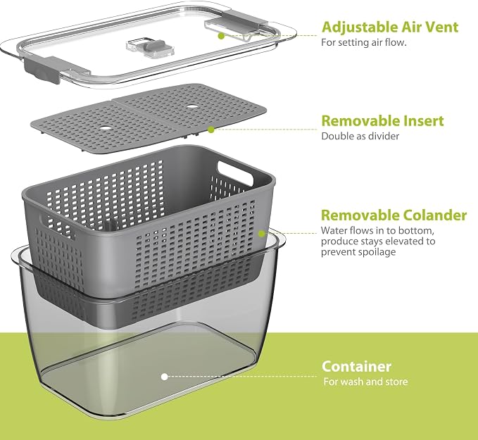 LUXEAR 4 Pack Fruit Containers for Fridge, Vegetable Storage Container with Lids &Removable Colander Produce Saver Organizer for Refrigerator Keep Fruit, Veggie, Berry, Meat Fresh Longer-Grey - Image 3