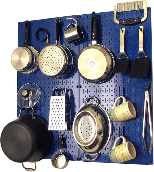 Wall Control Kitchen Pegboard Organizer Pots and Pans Storage Rack Organization Kit with Blue Pegboard and Blue Accessories by Wall+Control