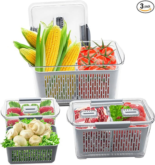 Fistone Fresh Produce Fruit Vegetable Storage Containers 3Piece Set, BPA-Free Fridge Storage Container with Lid & Colander, Fridge Organizers, Keep Fresh for Produce,Fruit and Vegetable by Fistone