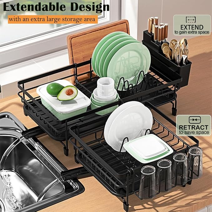 Dish Drying Rack - Extendable Dish Rack, Multifunctional Dish Rack for Kitchen Counter, Anti-Rust Drying Dish Rack with Removable Cutlery & Cup Holders, Black - Image 3