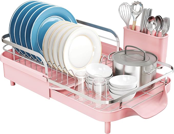 SNTD Dish Drying Rack, Expandable Dish Rack for Kitchen Counter, Stainless Steel Dish Drainer with Drainboard Set and Utensil Holder (Pink) - Image 7