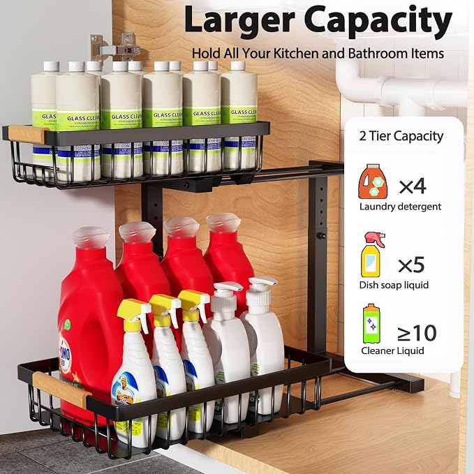 Liuoud Under Sink Organizer 2 Pack, 2 Tier Slide Out Large Capacity Height Adjustable Under Sink Organizers and Storage for Kitchen Bathroom Cabinet, Black - Image 2