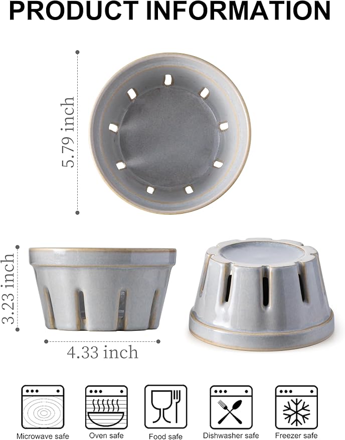 Gomakren Ceramic Berry Bowl Set of 2, Fruit Containers for Fridge, Gray | Drain Holes Keep Berries Fresh, Stackable, Wash & Serve | 5.8In Round Strawberry Grape Cherry Basket, Farmhouse Kitchen Decor - Image 2