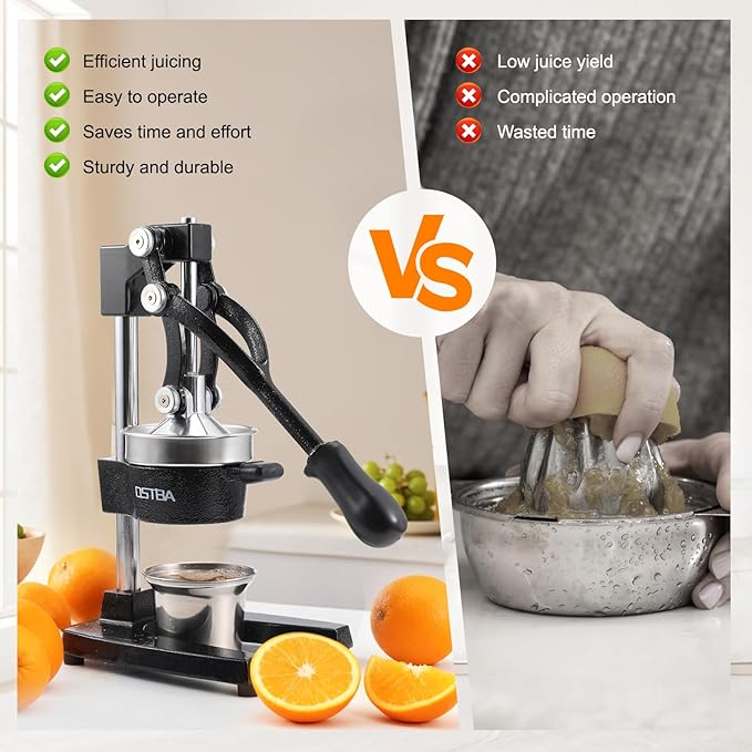 OSTBA Cast Iron Manual Citrus Juicer, Heavy Duty Hand Press Orange Juicer with Stainless Steel Cup & Strainer, Commercial Grade Lemon Squeezer for Orange, Lemon, Lime, Grapefruit, Pomegranate - Image 4