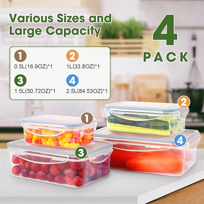 YASHE Food Storage Containers, Plastic Food Containers with Lids, Airtight Meal Prep Sets, Leak-Proof, Stackable, BPA Free- 4pcs Rectangular - Image 2