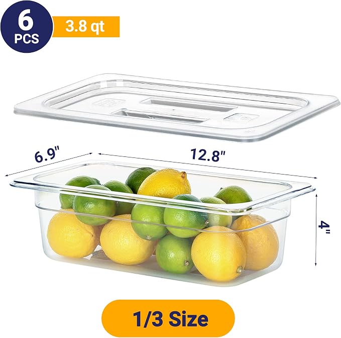 BIEAMA 6 Pack 1/3 Size 4" Deep NSF Polycarbonate Food Pans with Lids | Stackable clear containers for meal prep, buffet, salad bars, commercial & home kitchen; dishwasher safe and freezer safe - Image 2