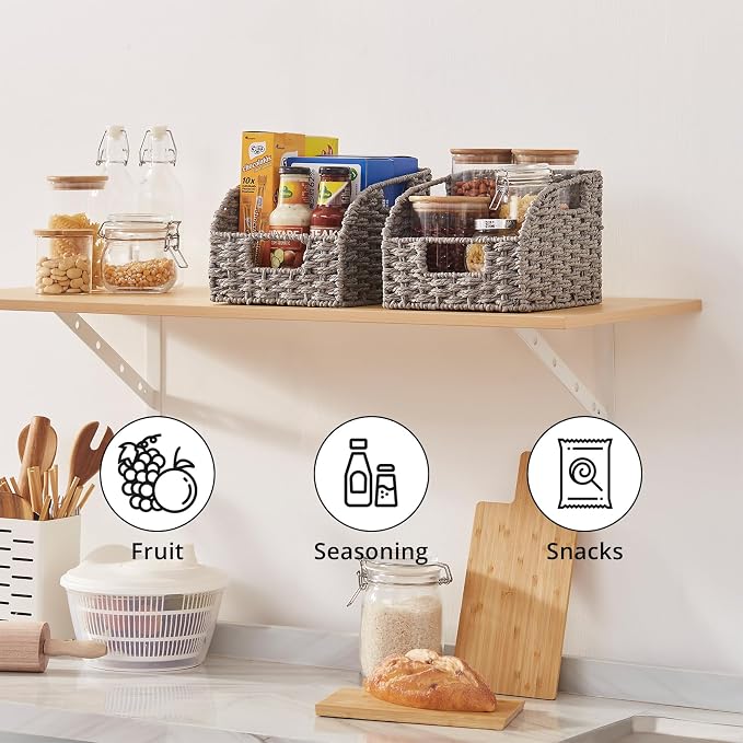 OIAHOMY Pantry Baskets for Organizing, Paper Rope Baskets with Built-in Handles, Wicker Storage Bins for Shelves, 2 Pack-Grey - Image 7