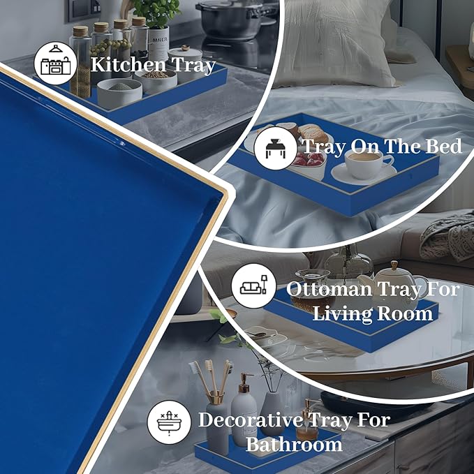 Navy Blue Serving Tray with Handles, Plastic Modern Decorative Tray | Rectangle Melamine Tray, Ottoman Tray, Coffee Table Tray, Countertop Organizer Tray for Living Room, 15.8"L x 10.2"W x 1.4"H - Image 7