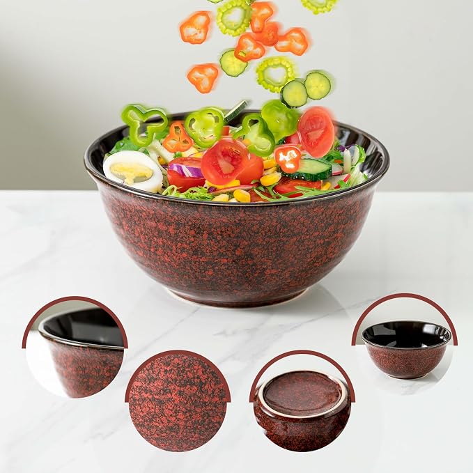 HASENSE Ceramic Mixing Bowls, Large Serving Dishes Set of 3 for Cooking, Baking, Prepping, Porcelain Nesting Bowls for Salads, Fruit, Popcorn, Cereal, 2.1/1.0/0.5 Qt, Dishwasher & Microwave Safe, Red - Image 3