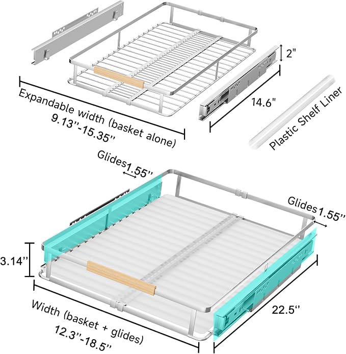 2Pack Expandable Pull Out Cabinet Organizer, 12.3"-18.5" W x 22.5" D | Stainless Steel Slide Out Drawers, Heavy Duty Drawer Slides, For Kitchen Cabinets Pantry Cupboard, Adjustable Width - Image 2