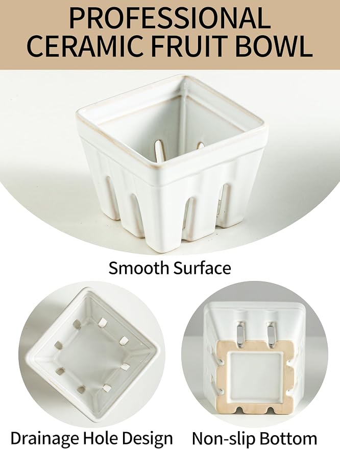 Gomakren Ceramic Berry Basket Set of 2, Square Fruit Bowl with Holes, Small Fruit Basket Containers for Kitchen Counter, Berries, Strawberry, Grape, Cherry, White - Image 6