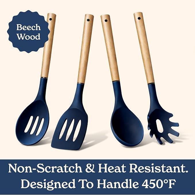 Country Kitchen Non Stick Silicone Utensil Set with Rounded Wood Handles for Cooking and Baking, 8 Piece Set, Navy - Image 5