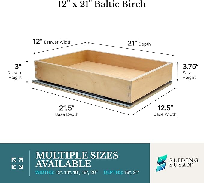 Baltic Birch Pull-Out Cabinet Drawer Organizer 12" W x 21" D | Heavy Duty (100Lbs) Wooden Pullout Inserts, Soft Close Sliding Shelf for Kitchen Cabinets, Pantry, Storages - Fully Assembled - Image 2
