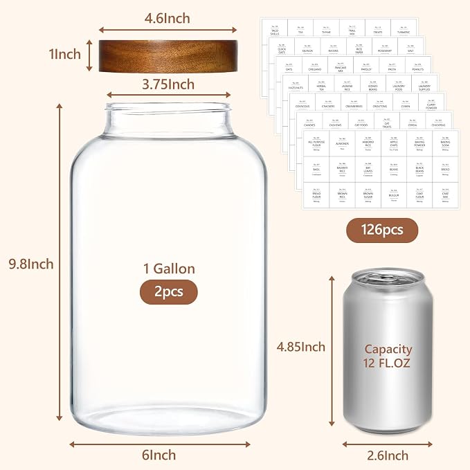 KEYWING 1 Gallon Glass Jars w/Acacia Lids for Flour & Rice Containers 2Pcs | Large Wide Mouth Airtight Food Storage Containers, Pantry Kitchen Organizer for Egg Sugar Cereal -3800ml with 126 Labels - Image 2