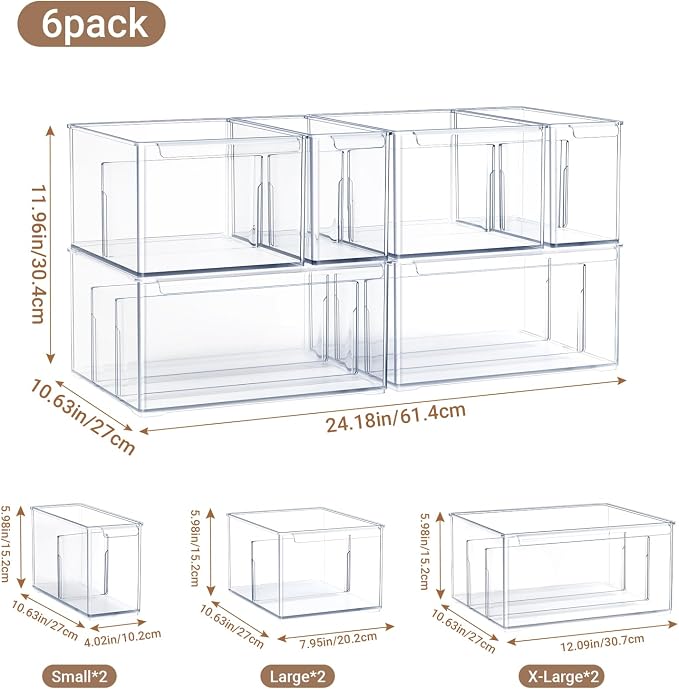 Clear Plastic Storage Bins with Dividers for Fridge Pantry Organizers and Storage Containers, 6 Pack Large Acrylic Stackable Sturdy Storage Boxes for Home Edit and Cabinet Organizers C6-4 - Image 2