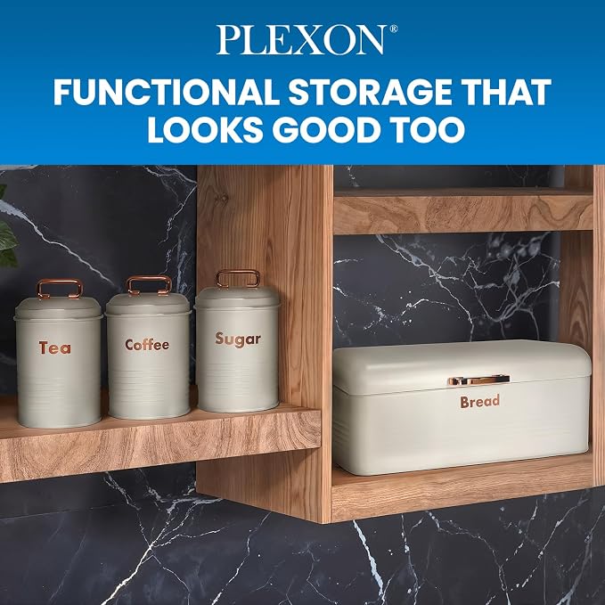 Plexon White Bread Box for Kitchen Countertop with Tea Coffee Sugar Containers Set – Metal Bread Storage Bin with Lid, Kitchen Canister Set of 4, Counter Organizer for Bread, Coffee Bar Pantry - Image 5