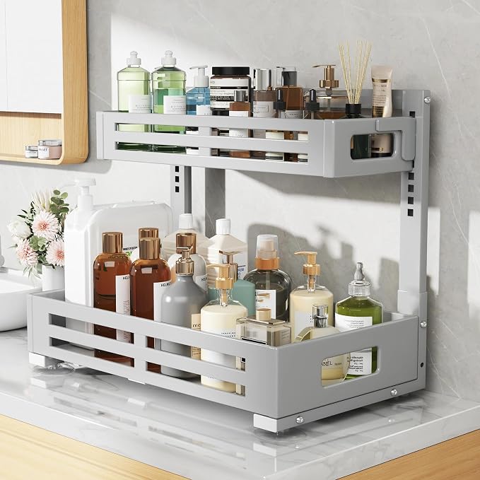 2 Pack 19IN-Depth Under Sink Organizer,Pull Out Cabinet Organizer With Smooth Cylindrical Rail,Metal Slide Out Drawer for Kitchen Bathroom Laundry,8-Level Tool Free Height Adjustable-Gun Gray - Image 5