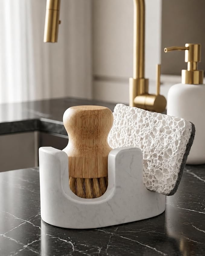 White Marble Sponge Holder for Kitchen Sink, Dual Slot Stone Caddy,Carrara White | 2-in-1 Natural Stone Sponge & Brush Holder, Raised Edge Helps Catch Water, Keeps Countertops Dry , Keeps Countertop Dry by Unknown
