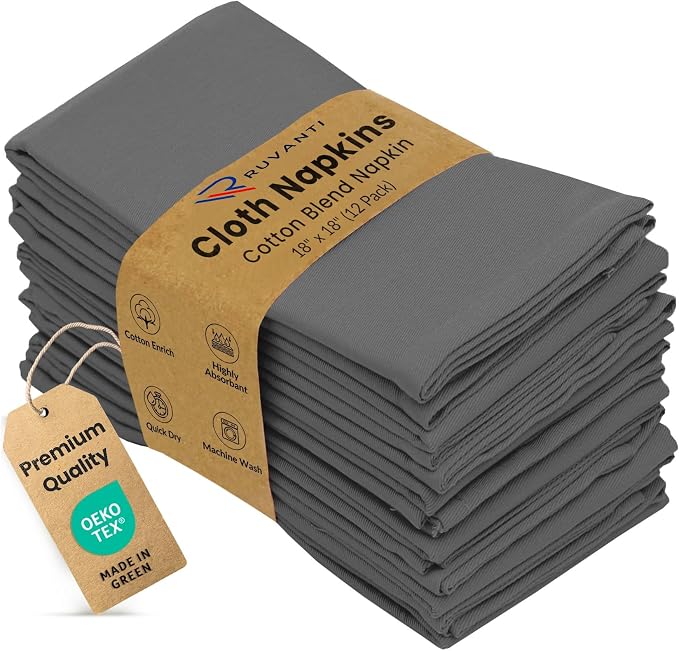Ruvanti Cloth Napkin Set of 12, 18x18 Inch Soft & Absorbent Cotton Enrich Dinner Napkins for Hotel, Wedding Parties, Napkin-Everyday -Charcoal Grey - Image 9