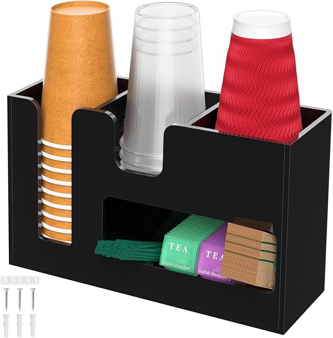 2-Tier Coffee Station Organizer for Countertop, 4 Compartments Black Acrylic Cup and Lid Holder Tea Condiment Storage Upright Coffee Bar Organizer Pod Dispenser for Office Breakroom Home Kitchen by ENJOYYOURLIFE