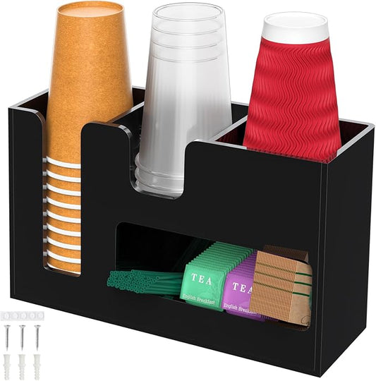 2-Tier Coffee Station Organizer for Countertop, 4 Compartments Black Acrylic Cup and Lid Holder Tea Condiment Storage Upright Coffee Bar Organizer Pod Dispenser for Office Breakroom Home Kitchen by ENJOYYOURLIFE