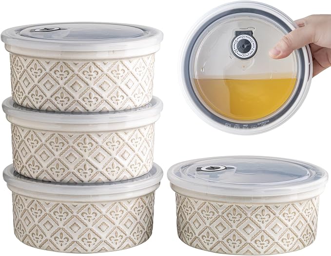 40 Oz Ramekins Ceramic Airtight Bowls Set of 4 - Large Mixing Bowls with Lids Set for Salad, Pho, Soup, Pasta, Dessert, Serving, Oatmeal, Baking Dishes, Dishwasher & Microwave Safe, Beige by MISSYSSIM