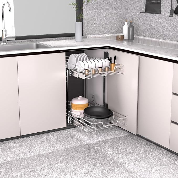 EZKAZA Pull Out Cabinet Organizer 17.5" W x 21" D, 2-Tier Kitchen Cabinet Pullout Shelf and Drawer Organizer Slide Out Pantry Storage Basket, 16.2" W x 21" D x 2.4" H for Bottom Basket Size - Image 7
