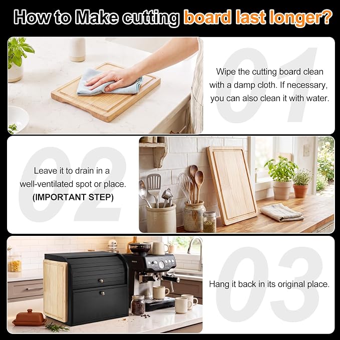 Alpeir Roll Top Bread Box with Cutting Board for Kitchen Countertop, Black | Large Breadbox with Ventilation Holes, Double Layer Pantry Shelf, Wooden Homemade Bread Storage Container, Vintage Farmhouse - Image 9