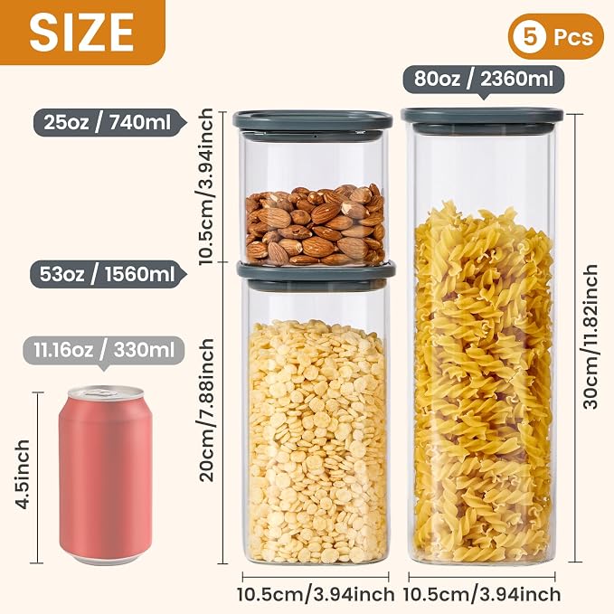 Glass Storage Jars with Lids, (0.78Qt-2.5Qt) 3 Pack | Borosilicate Glass, Glass Lid, Large Capacity Glass Food Storage for Pasta, Flour, Cereal, Cookies, Nuts, Coffee - Image 2