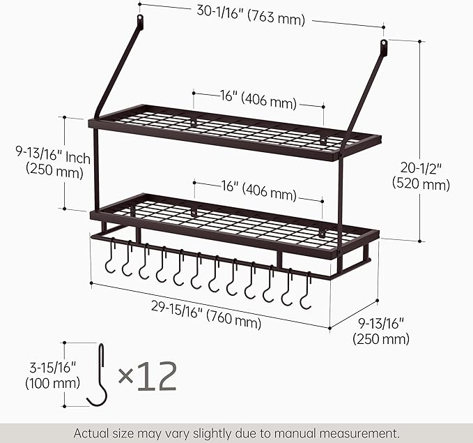KES 30-Inch Oiled Bronze Pot Rack Wall Mounted, 100 Lbs Capacity, 12 Hooks | 2-Tier, Cast Iron Pots and Pans Organizer Hanging, Kitchen Wall Hanger Shelves, Farmhouse Style, KUR215S75B-OB - Image 6