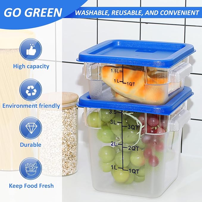 Yungyan 8 Pcs Restaurant Food Storage Containers with Lids Set 2Qt and 4Qt Commercial Restaurant Square Storage Containers Clear Food Cereal Container for Kitchen Freezer (Blue Lids) - Image 4