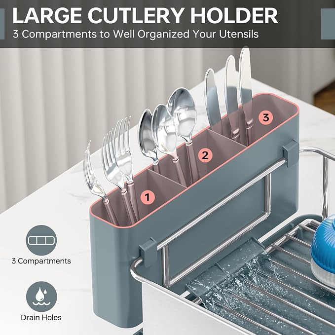 Urackify Dish Drying Rack - Stainless Steel Dish Rack with Auto Drain, Blue | Rustproof Dish Drainer with Cutlery Holder & Auto Drain, 16.9" L x 12.4" W Big Load for Plate Dish Sliverware, Light Geen - Image 5
