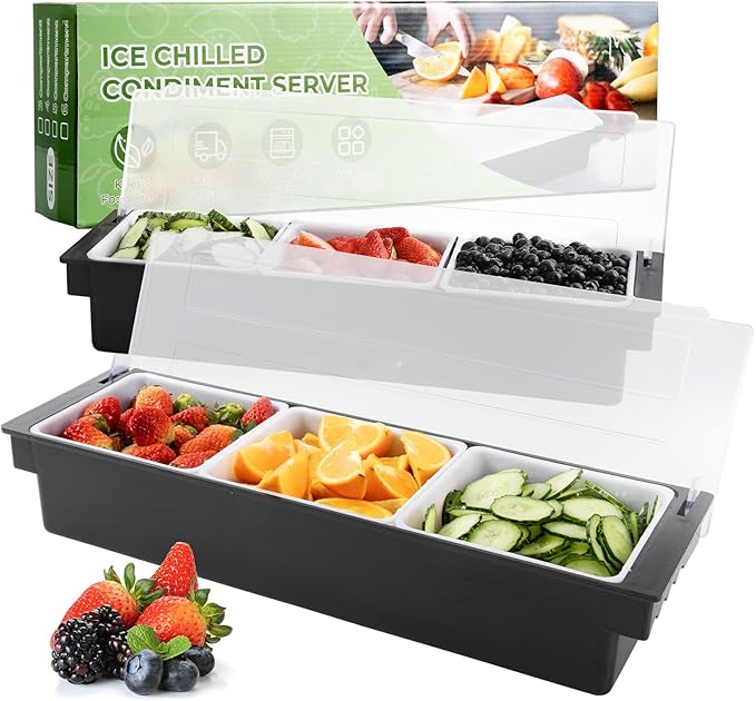 WICHEMI Ice Chilled Condiment Caddy with 3 Removable Trays and Lid, 2 Pack | Condiment Container, Taco Bar Serving Tray, Fruit & Garnish Trays Serving Platter for Salad, Party Supplies & Bar Accessories by WICHEMI