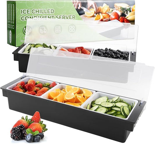 WICHEMI Ice Chilled Condiment Caddy with 3 Removable Trays and Lid, 2 Pack | Condiment Container, Taco Bar Serving Tray, Fruit & Garnish Trays Serving Platter for Salad, Party Supplies & Bar Accessories by WICHEMI