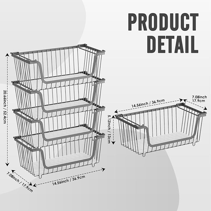 4 Pcs Stackable Wire Baskets for Pantry Organizers and Storage, | Vegetable Fruit Basket for Countertop,Kitchen Storage Metal Baskets,Produce Potato Onion Storage Bin,Gray - Image 7