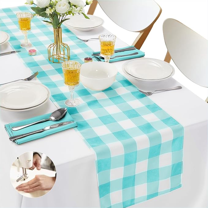 Cupuamon Fabric Checkered Table Runner 6 Pack Waterproof Gingham Table Runner 14W x 108L Buffalo Check Table Runners for Parties Kitchen Dining Wedding Banquet (Aqua and White) by Cupuamon