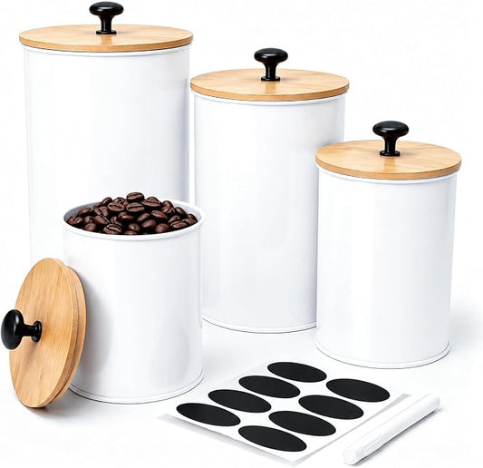 Kitchen Canister Set of 4 Airtight Metal Containers with Bamboo Lids, White | Flour sugar coffee tea canisters set with bamboo lids, customizable chalkboard labels & marker pen by Unknown